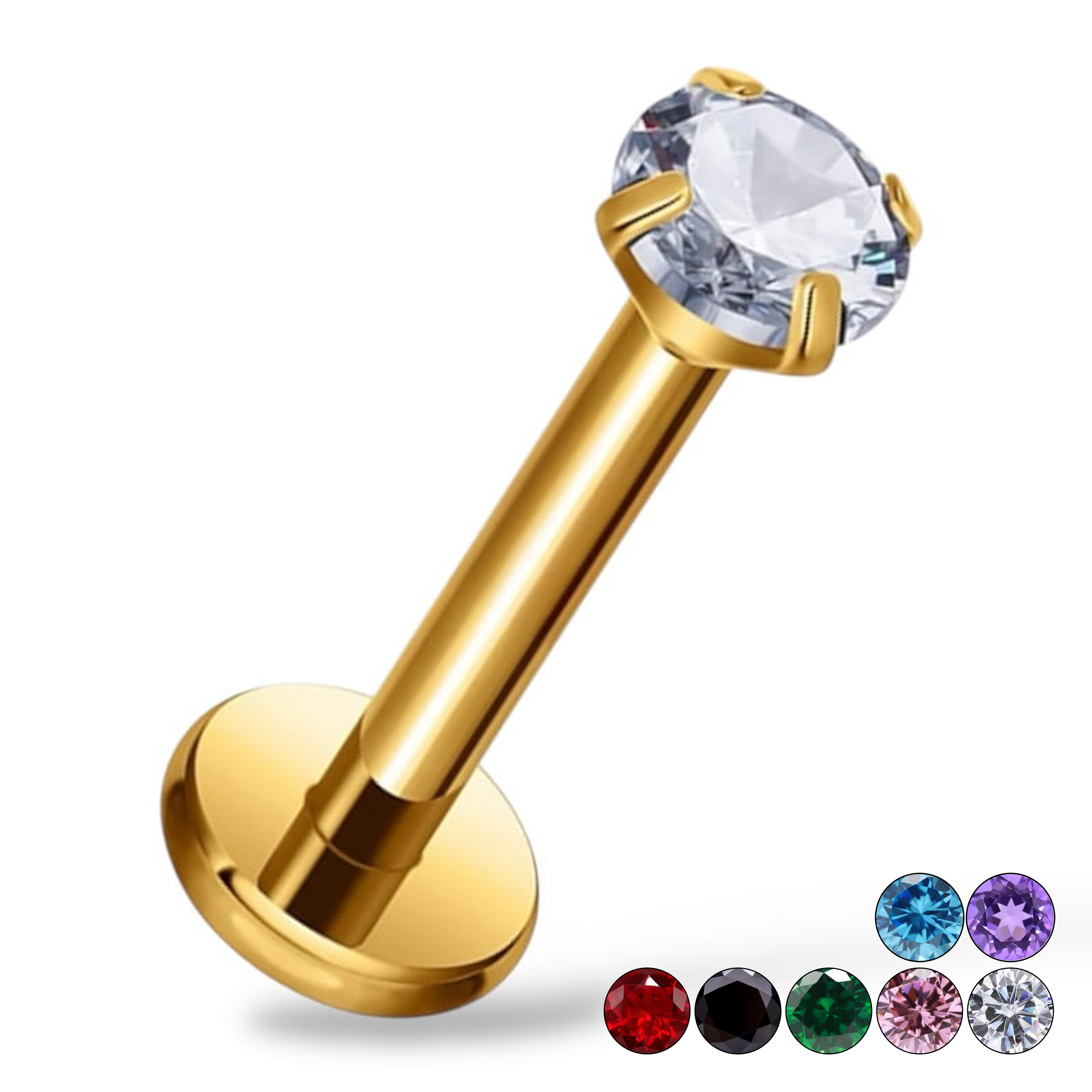 Tytanowy, złoty Labret z cyrkonią.